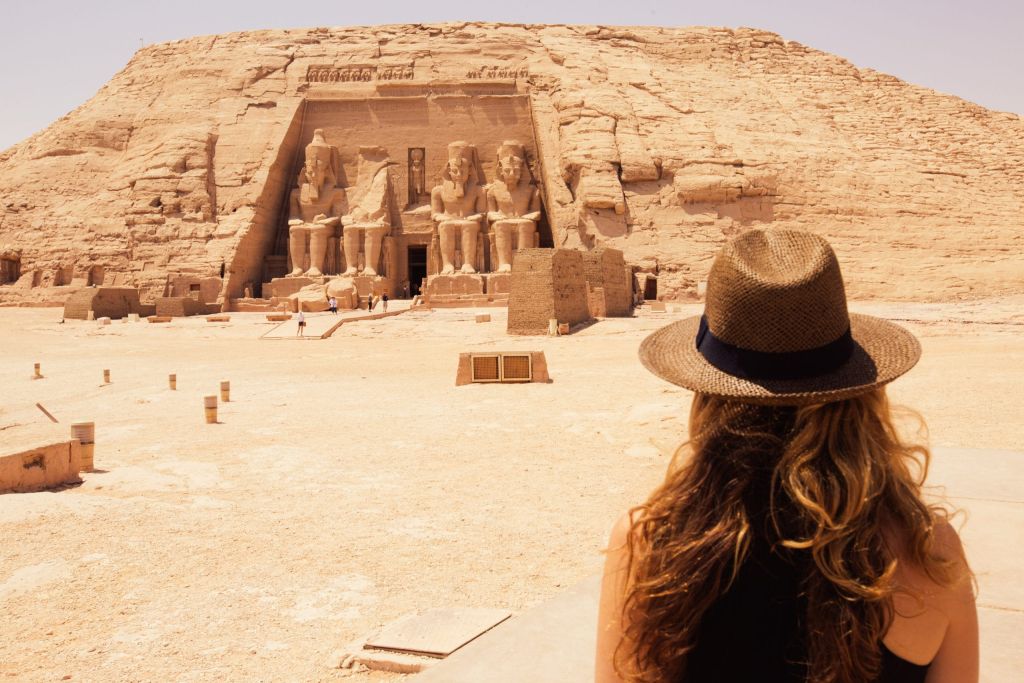Egypt, Aswan, Woman at the Abu Simbel temples