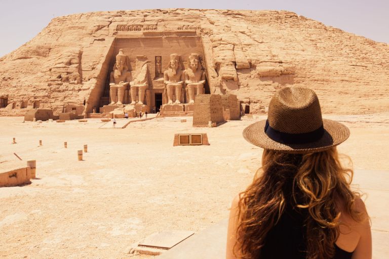 Egypt, Aswan, Woman at the Abu Simbel temples