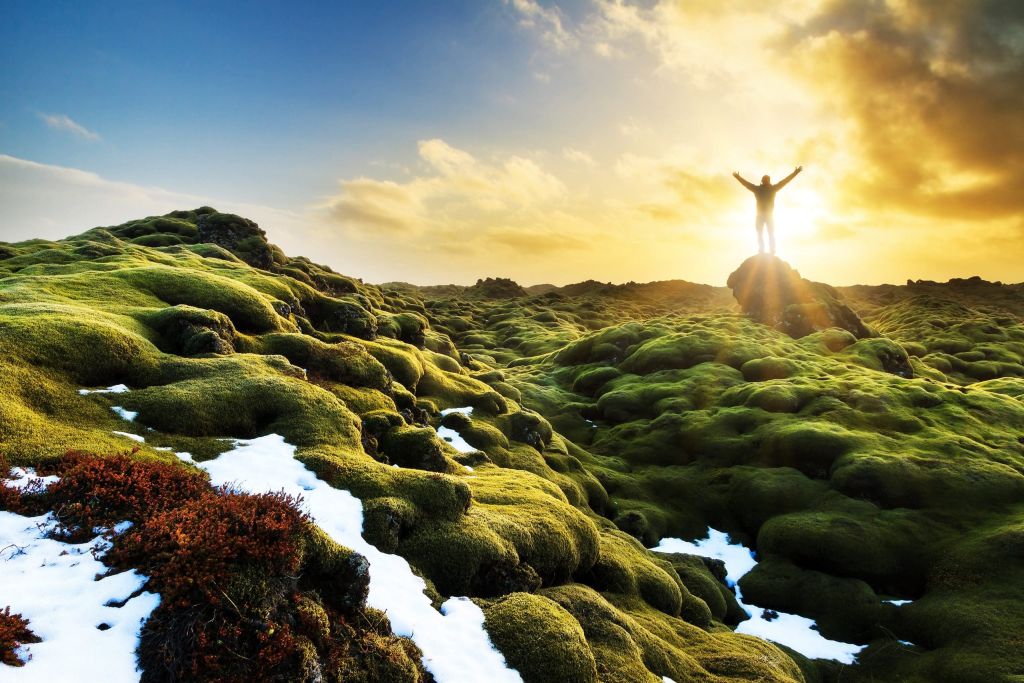 Beautiful tourist posing in the amazing volcanic mossy landscape