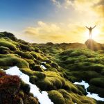 Beautiful tourist posing in the amazing volcanic mossy landscape