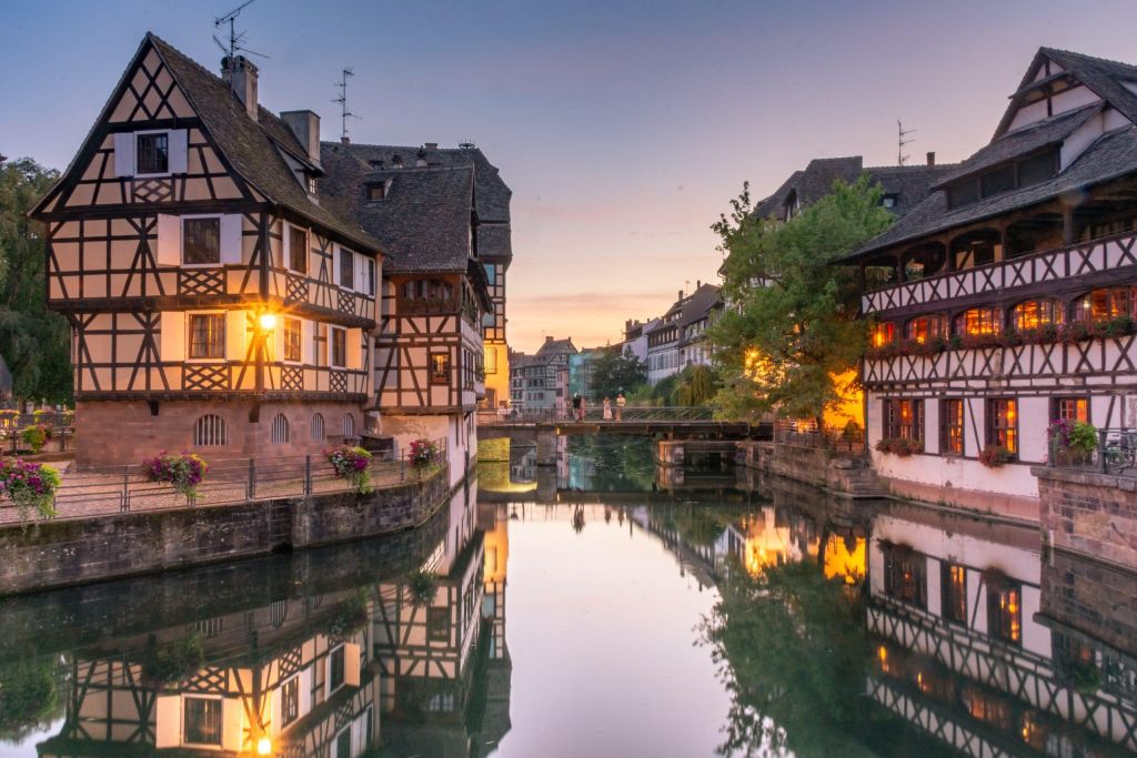 Sunset over the canal of “petite venice” in Strasbourg, France