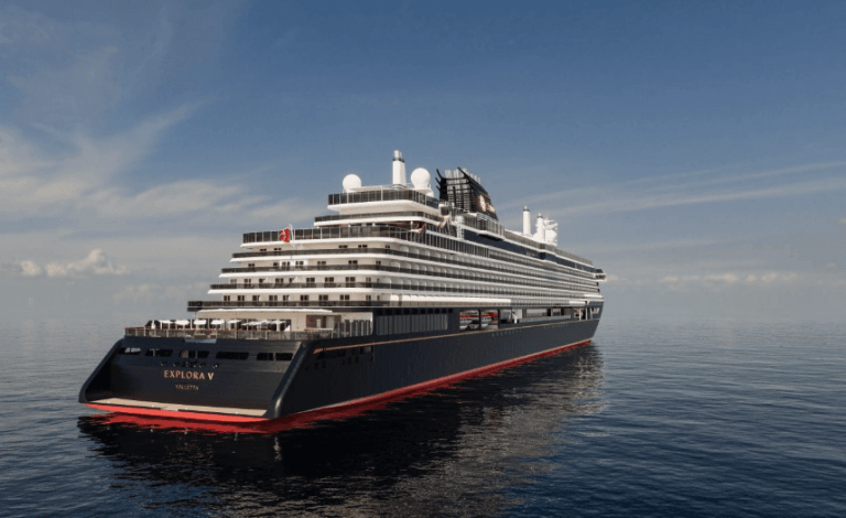 Rendering of the Explora V cruise ship at sea under a pale blue sky.
