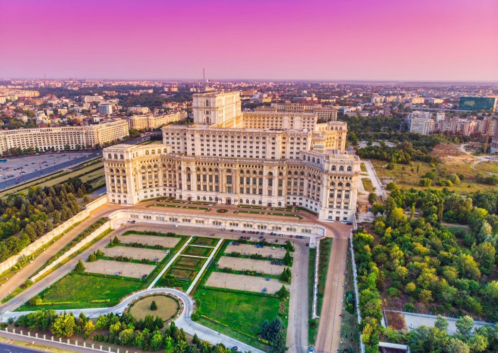 Parliament building or People’s House in Bucharest city. Aerial