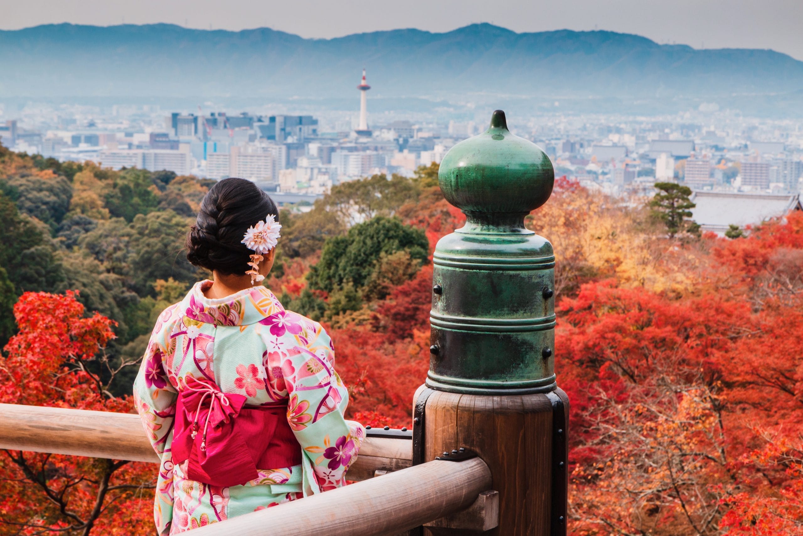 Asian woman wearing beautiful kimono walking and travel in the Japanese garden inside the temple with red maple leaves In the autumn and fall season background.
