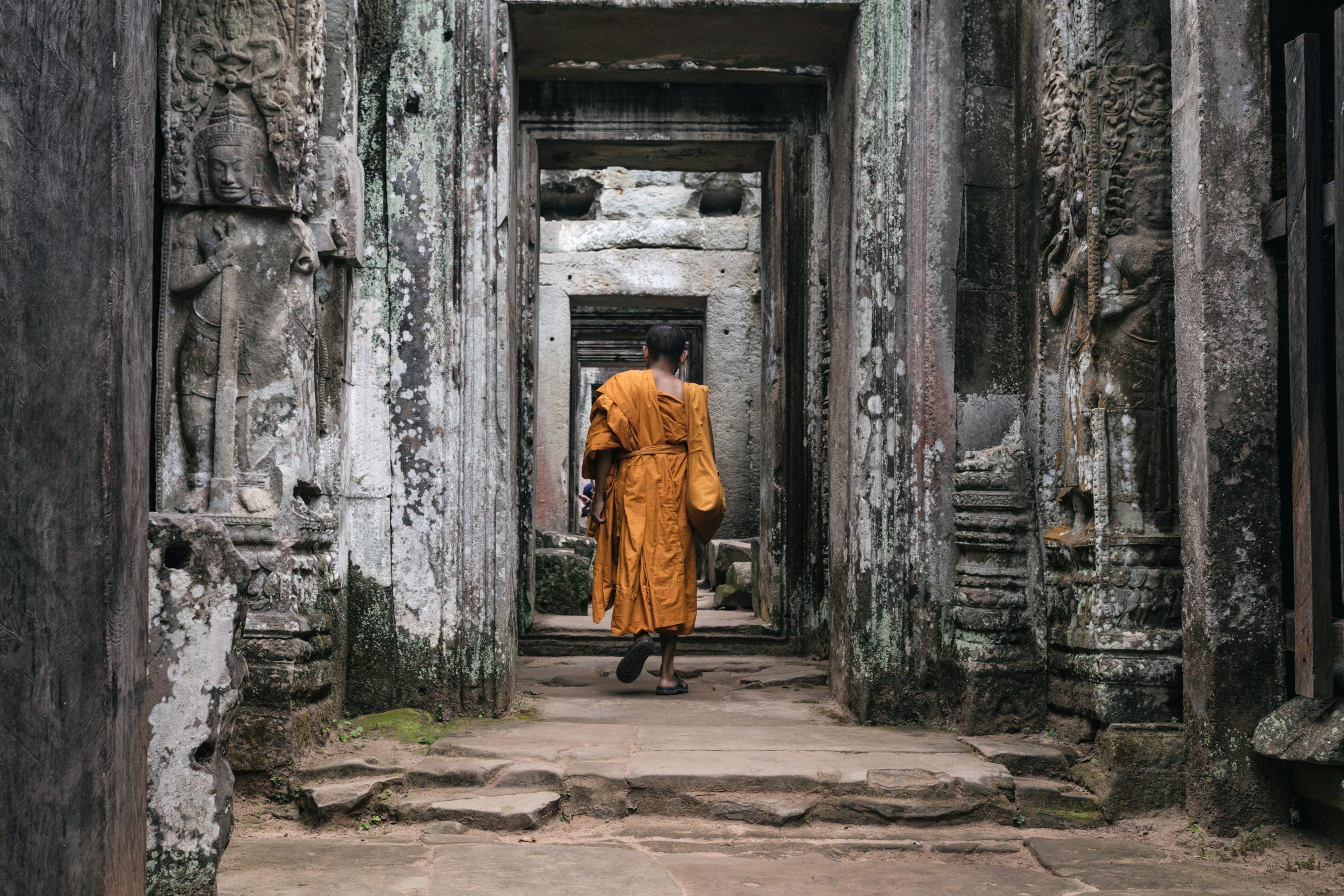 Buddhist monks in Angkor wat temple complex in Cambodia, Siem Reap Buddhist temple in Asia