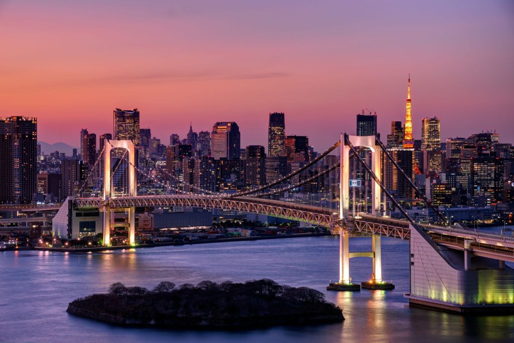 Tokyo city view with Rainbow bridge at dusk