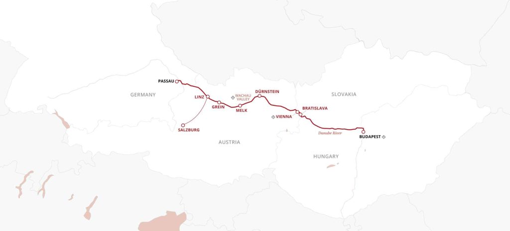 Map of the Danube River route from Passau through Linz, Vienna and Bratislava to Budapest.