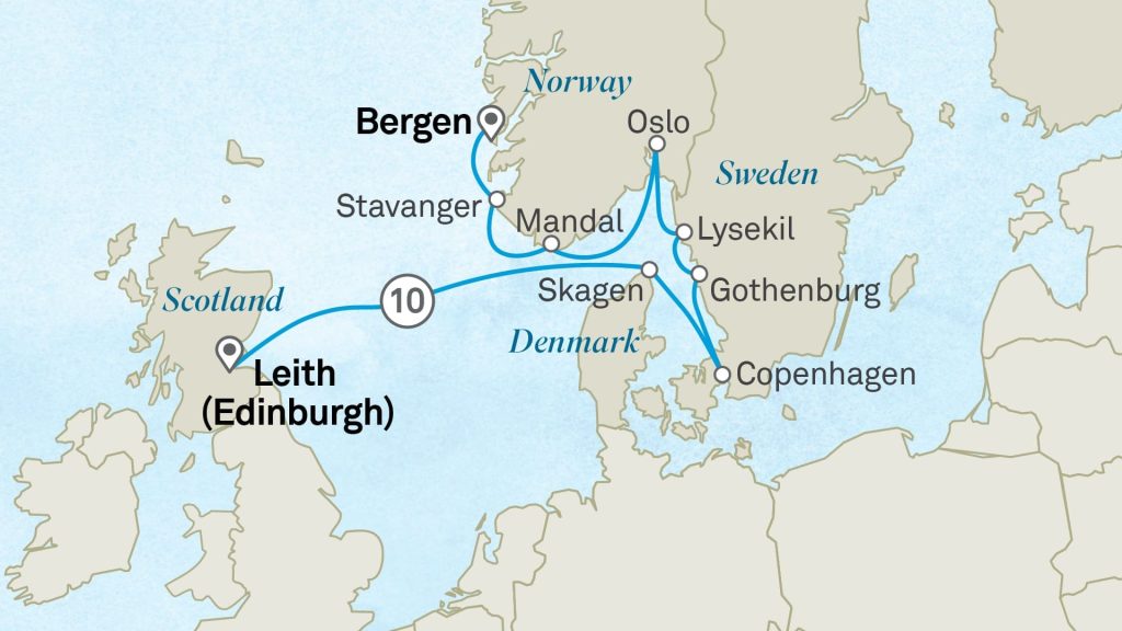 Map of Northern Europe cruise route linking Bergen, Oslo, Copenhagen, Stockholm and Leith (Edinburgh).