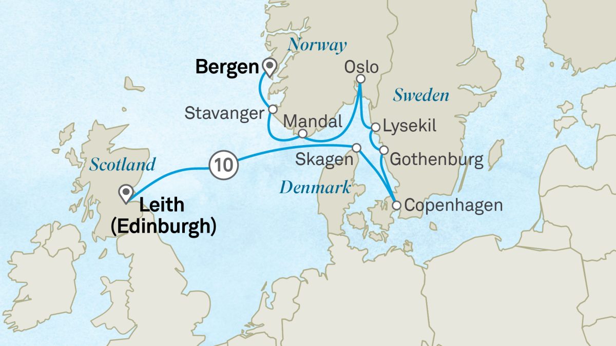 Map of coastal routes: Leith (Edinburgh) to Copenhagen with stops at Gothenburg, Lysekil, Oslo, Bergen, Stavanger, Skagen and a Route 10 marker nearby.