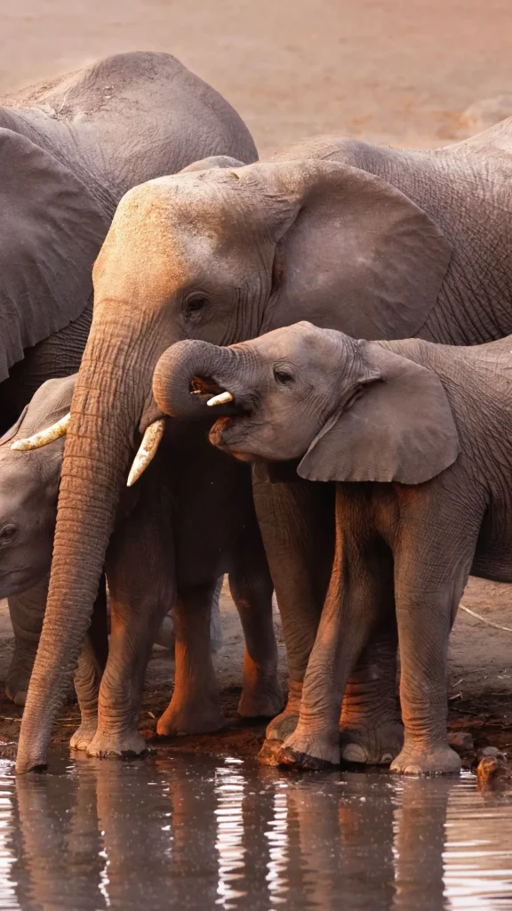 Young elephants drinking at a waterhole beside adult elephants, reflected in the water.