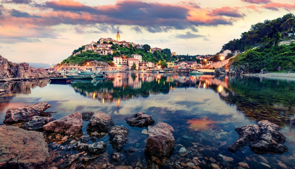 Amazing Evening Cityscape of Vrbnik Town Fantastic Summer Seascape of Adriatic Sea Krk Island Kvarner Bay Archipelago