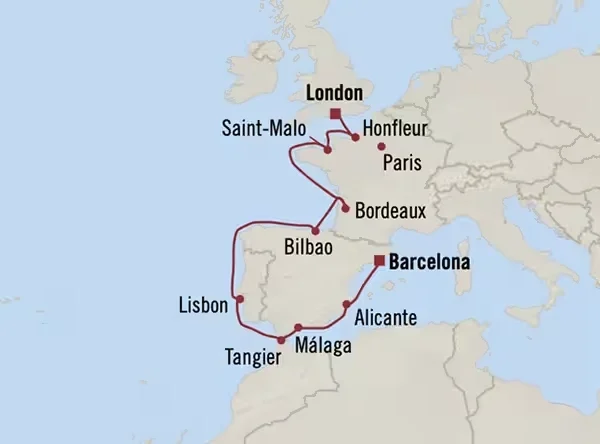 Iberia to Wine Country map with Oceania Cruises