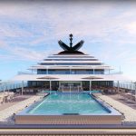 Rendered pool deck with a long pool and tiered upper decks under soft clouds.