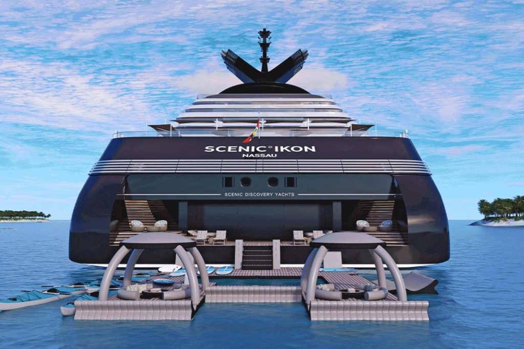 Rendered stern view of the Scenic Ikon superyacht with twin pod platforms and loungers at the waterline.
