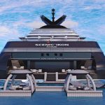 Rendered stern view of the Scenic Ikon superyacht with twin pod platforms and loungers at the waterline.