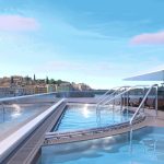 Rendered rooftop pools with glass edges overlooking a hillside town of colorful buildings.