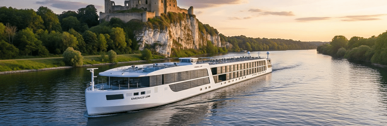 White river cruise ship gliding along a calm river at sunset, with a rocky cliff and castle in the background.