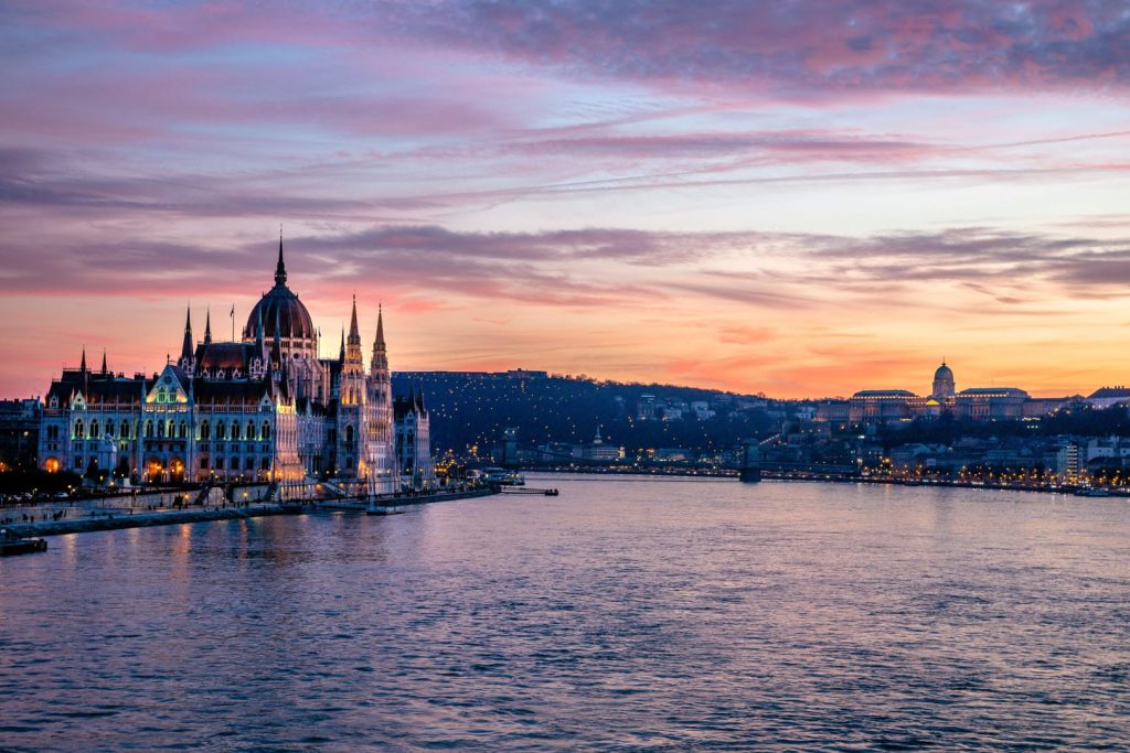 The sunset sky over the Hungarian Parliament, Danube, Buda castl