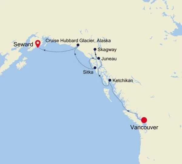 Map of Vancouver to Seward Alaska - Silversea Cruise