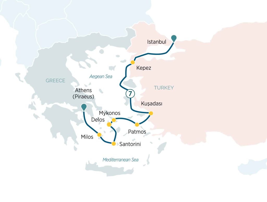 Map of a Greek islands and Turkey cruise route from Athens to Istanbul via Mykonos, Santorini and Patmos.