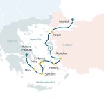 Map of a Greek islands and Turkey cruise route from Athens to Istanbul via Mykonos, Santorini and Patmos.