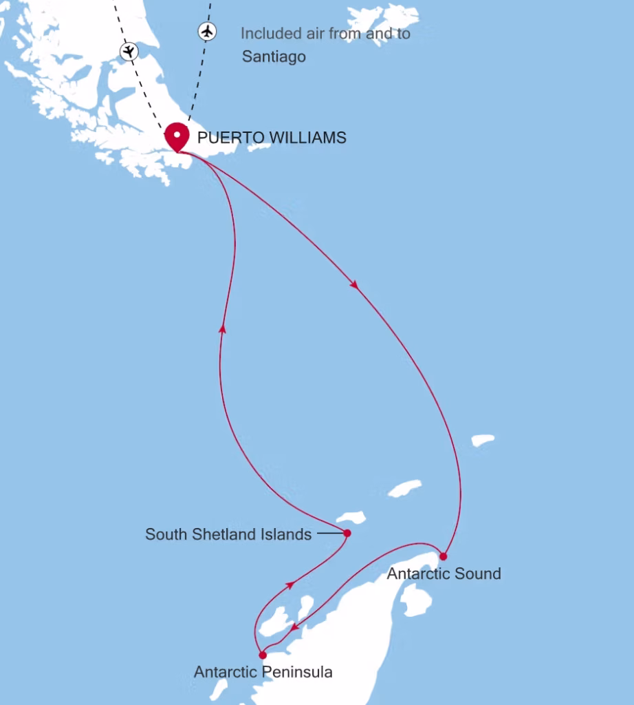 Map of Antarctic cruise route from Puerto Williams to the South Shetland Islands and Antarctic Peninsula.