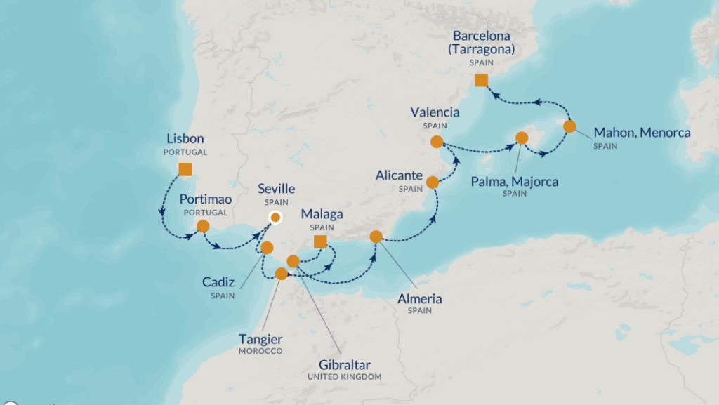 Map of a Mediterranean travel route with orange stop markers from Lisbon to Barcelona, passing Cádiz, Seville, Málaga, Almería, Alicante, Valencia, Palma de Mallorca, Mahón, Tangier and Gibraltar across Spain, Portugal and Morocco.