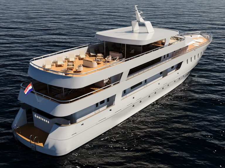 Large white luxury yacht seen from above, with sun loungers and seating on the open upper deck over calm blue water. 1st-option for an informative image.