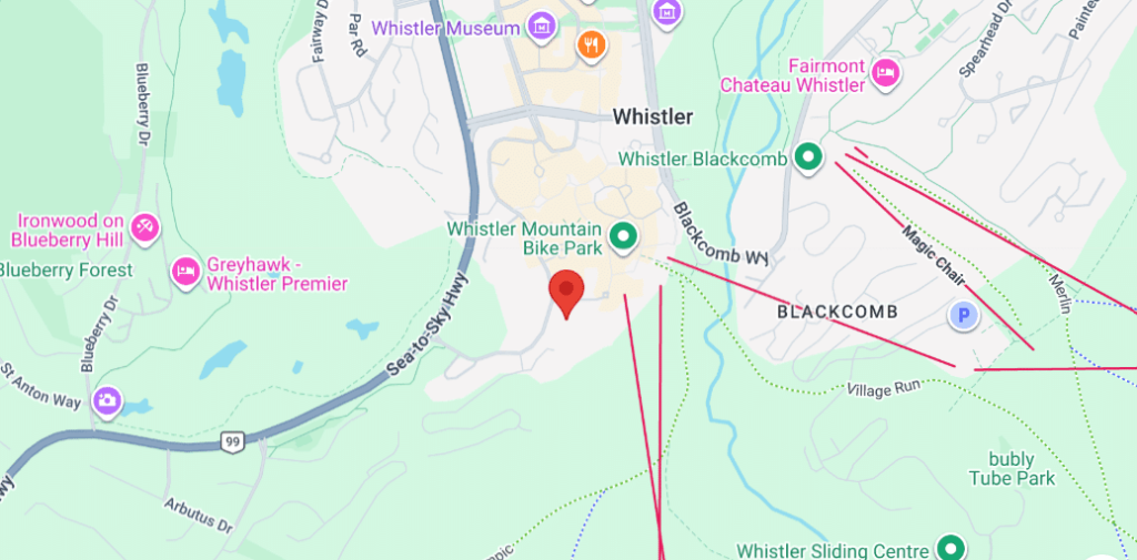 Map of Whistler area showing downtown Whistler, Blackcomb, bike park, and nearby roads with a red location marker in the center. Whistler labels visible throughout the map.