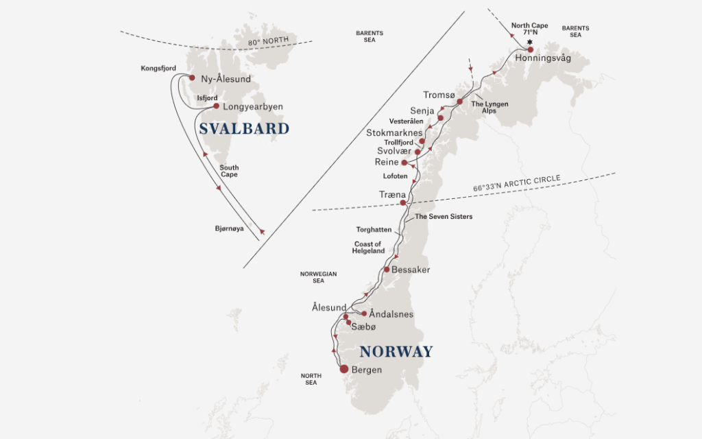 Map of Norway and Svalbard with a red travel route and labeled stops (Bergen, Ålesund, Sæbø, Tromsø, Honningsvåg, Lofoten) and an inset for Svalbard with Ny-Ålesund and Longyearbyen; Arctic Circle line shown.