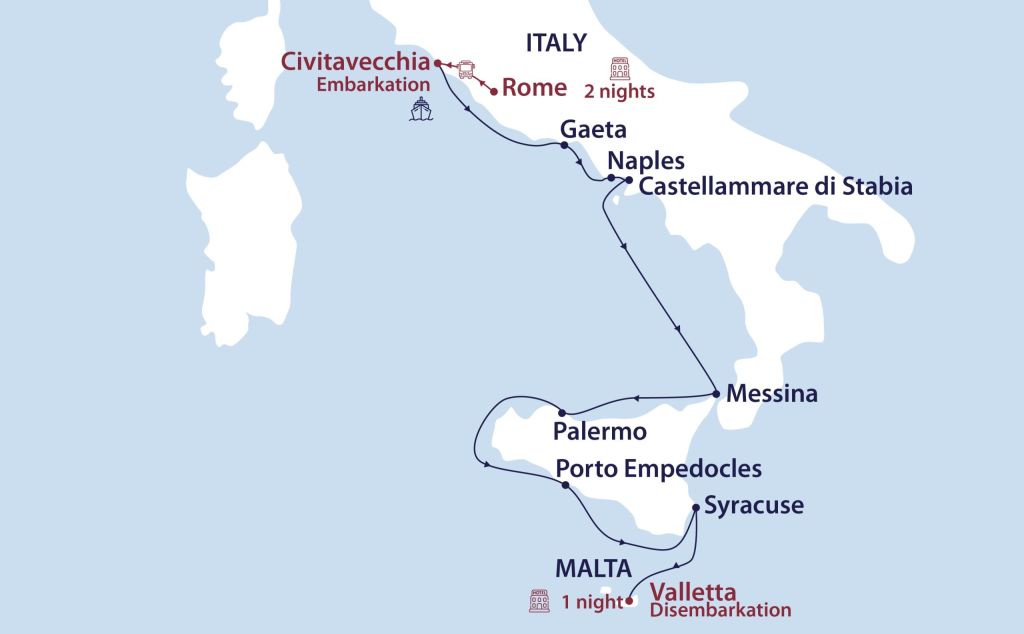Route map of an Italy and Malta cruise from Civitavecchia and Rome through Sicily to Valletta.
