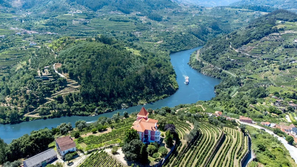 Douro river valley with terraced vineyards, a cruise ship on the river and a red-roofed estate.