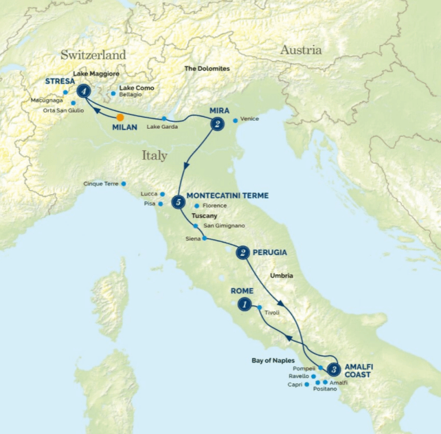 Itinerary map of Italy showing a route from Milan through Stresa, Mira, Montecatini Terme, Perugia and Rome.