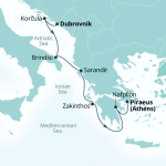 Map of a cruise itinerary: Piraeus (Athens) to Nafplion, Zakynthos, Sarandë, Brindisi, Dubrovnik, and Korčula across the Adriatic/Ionian Seas.