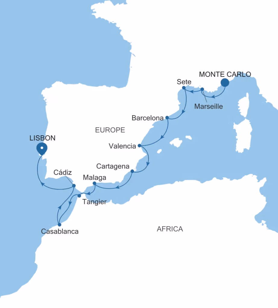 Map of Mediterranean and Atlantic cruise route from Monte Carlo and Lisbon to Barcelona, Tangier and Casablanca.