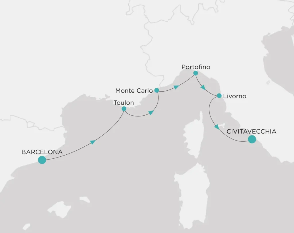 Map of a Mediterranean cruise route from Barcelona to Civita Vecchia with stops at Toulon, Monte Carlo, Portofino, and Livorno.
