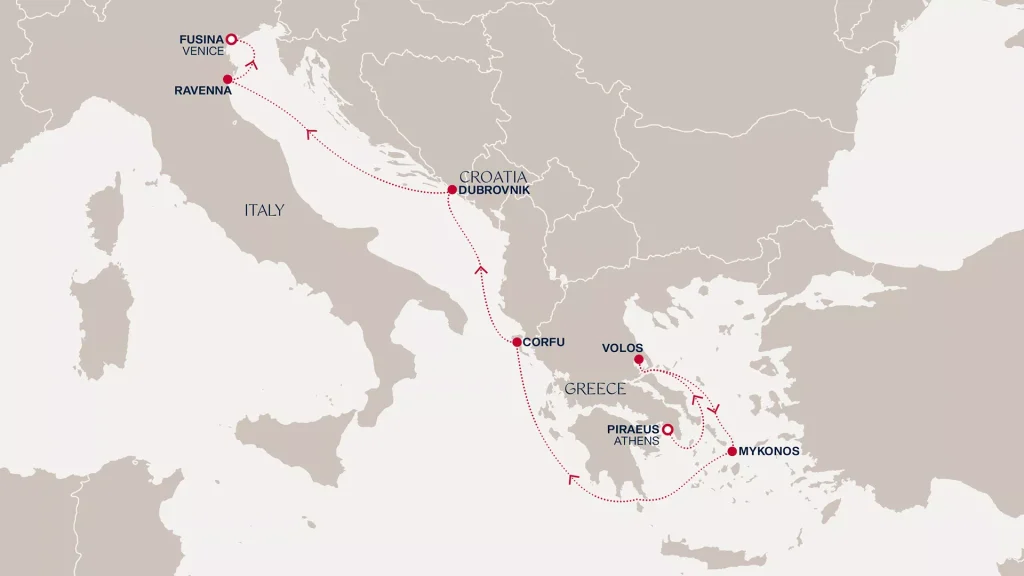 Map showing a red dotted maritime route from Fusina/Venice to Ravenna, Dubrovnik, Corfu, Volos, Piraeus and Mykonos with arrows between stops.