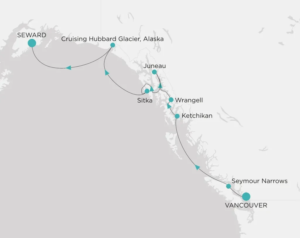 Map of an Alaska route from Vancouver to Seward with stops at Juneau, Sitka, Ketchikan and Hubbard Glacier.