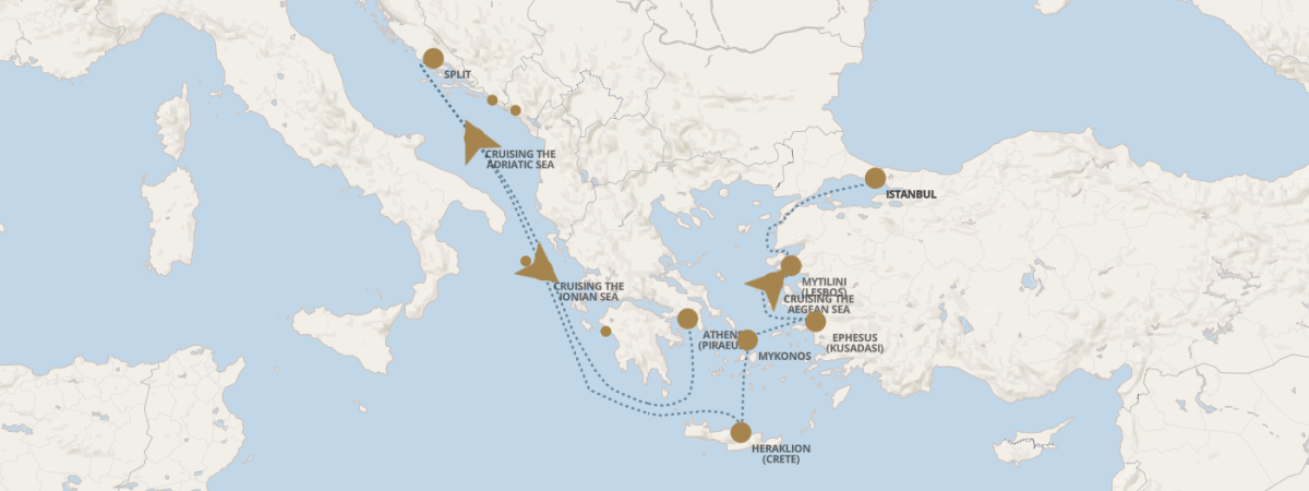 Map showing a Mediterranean cruise route with stops in Split, Athens, Mykonos, Heraklion, Kusadası, and Istanbul.