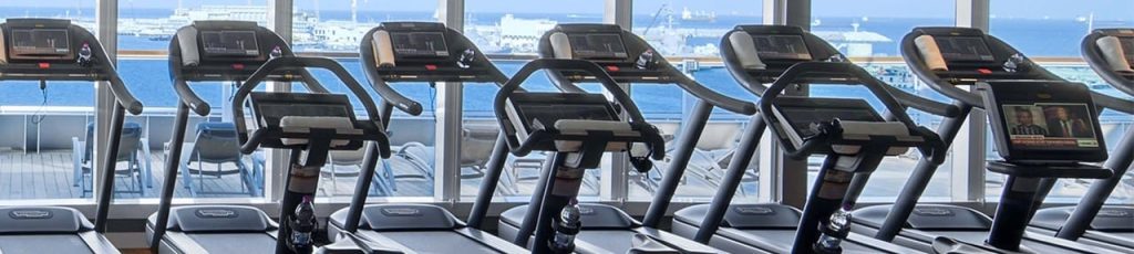 Row of treadmills facing large windows with a sea view in a ship fitness centre.