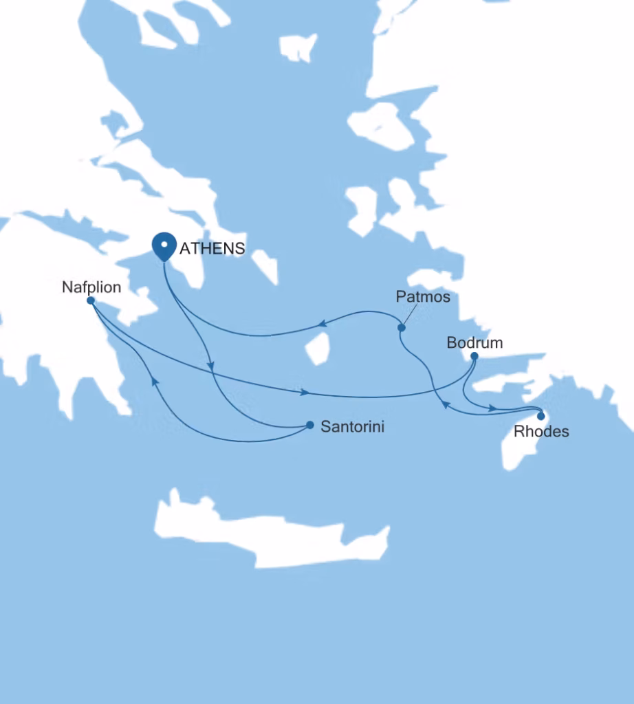 Map of Aegean cruise route from Athens to Santorini, Patmos, Bodrum, Rhodes and Nafplion.