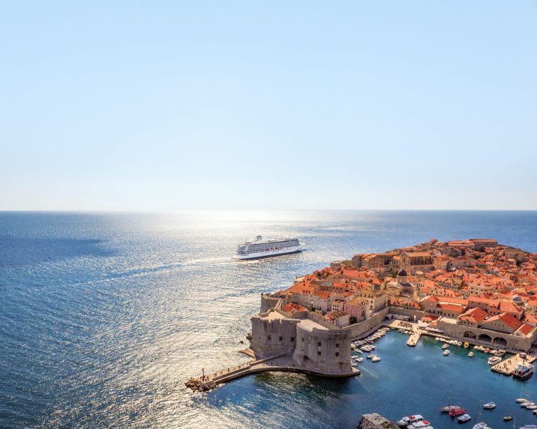 Aerial view of the Viking Sea leaving Dubrovnik, Croatia