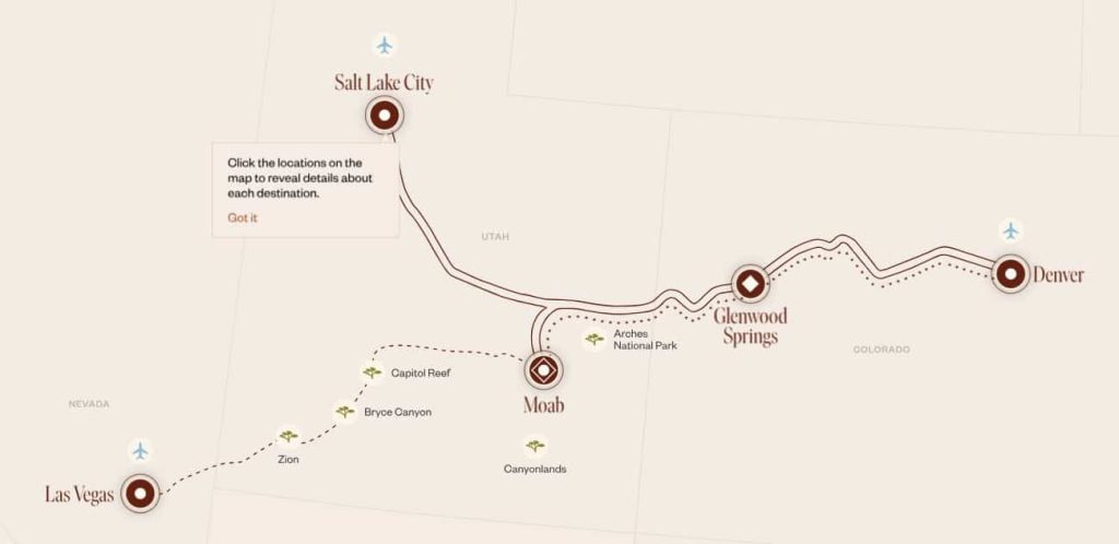 Map of a western US route from Las Vegas via Moab and Glenwood Springs to Denver with parks marked.