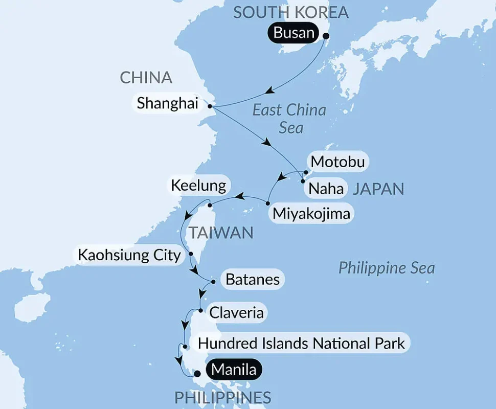 Map of a travel route from Manila to Shanghai with stops in the Philippines, Taiwan, and Japan