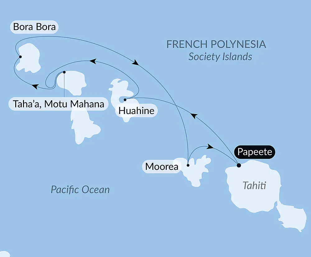 Map of French Polynesia showing a cruise route through Papeete, Moorea, Huahine, Taha'a and Bora Bora.