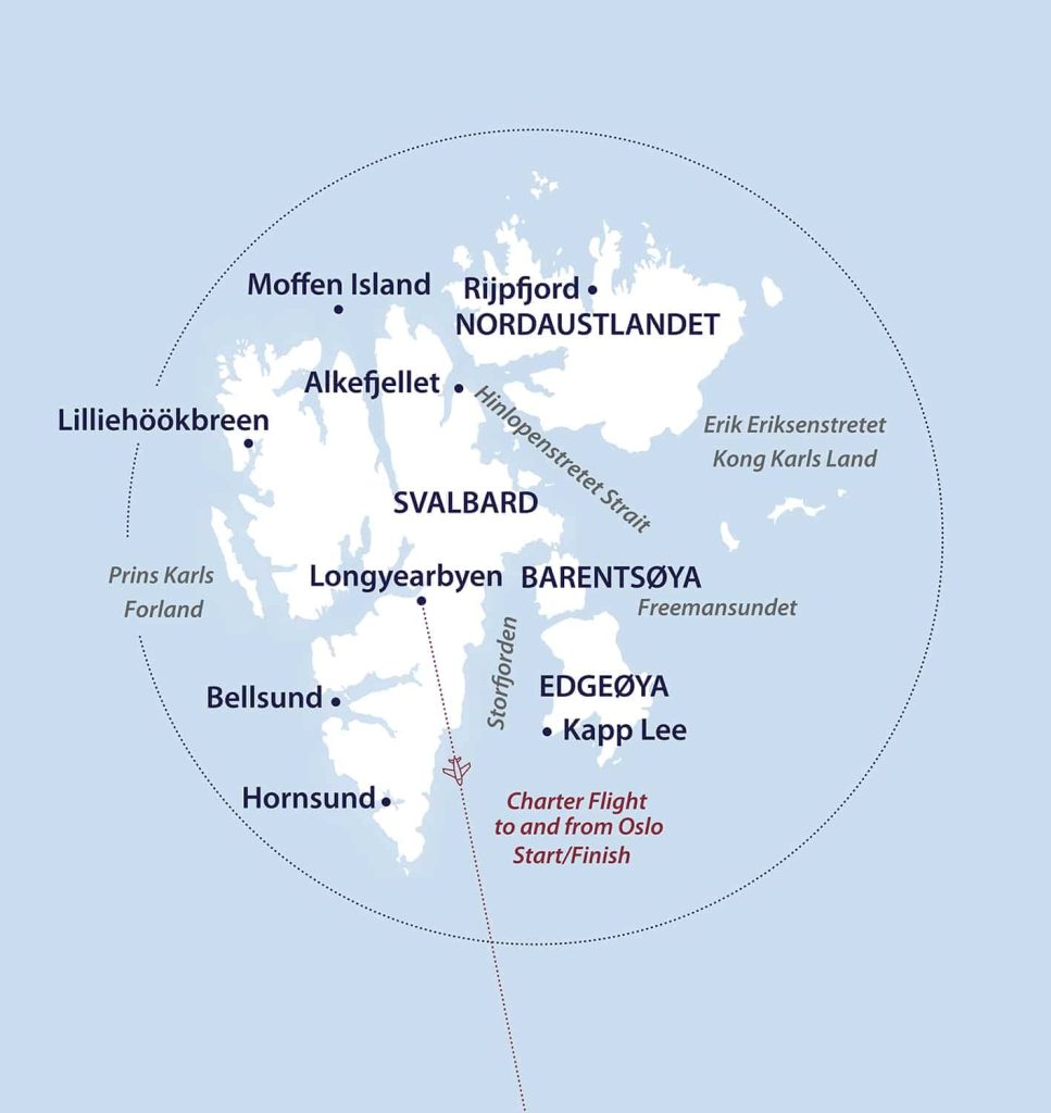 Map of the Svalbard archipelago with labeled towns (Longyearbyen, Barentsøya, Edgøya, etc.) and a red dotted flight path from Oslo Start/Finish circle around the islands.