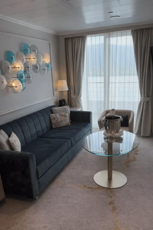 Lounge room within the Crystal Serenity Blacony stateroom