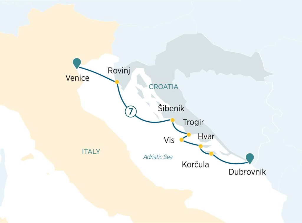 Coastal map of Italy and Croatia showing a blue cruise route from Venice to Dubrovnik via Rovinj, Šibenik, Trogir, Vis, Korčula and Hvar along the Adriatic Sea.