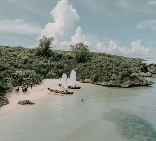 Tropical beach with a forested backdrop and small sailboats pulled onto the sandy shore; a group of people nearby by the water.