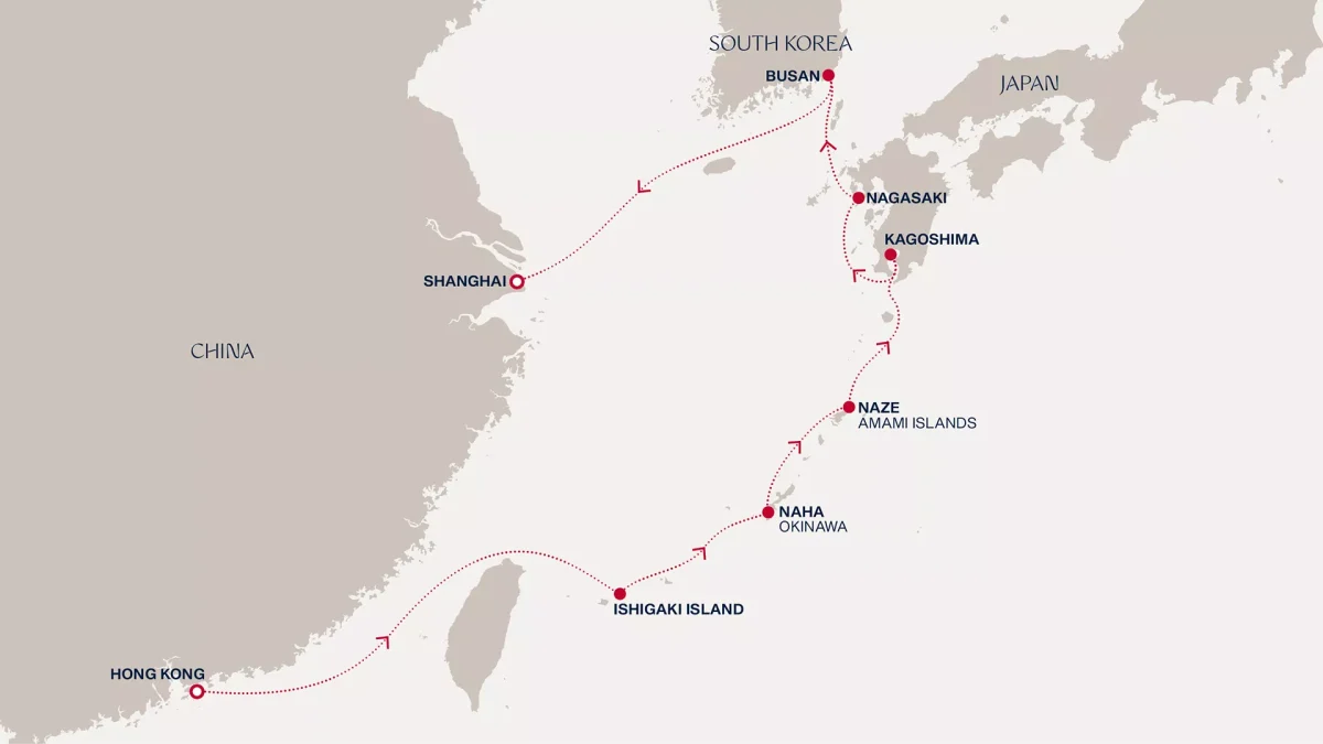 Map-style route showing travel path from Shanghai to Hong Kong via Nagasaki, Kagoshima, Busan and Okinawa islands, with marked waypoints and arrows in red dots.